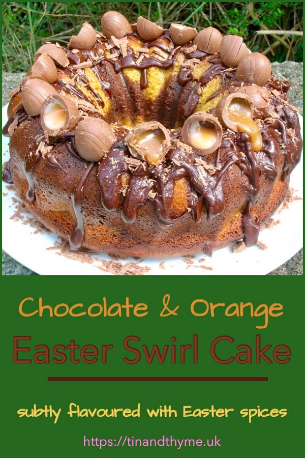 Easter Bundt Cake swirled with both chocolate and orange flavoured batters and topped with chocolate ganache and mini Easter eggs