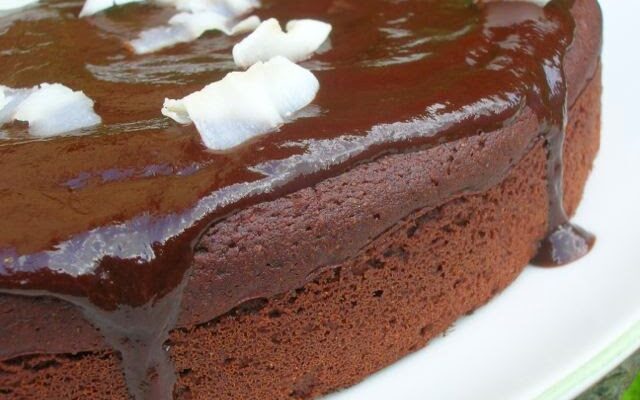 Gluten-free coconut chocolate cake made with chickpea flour.