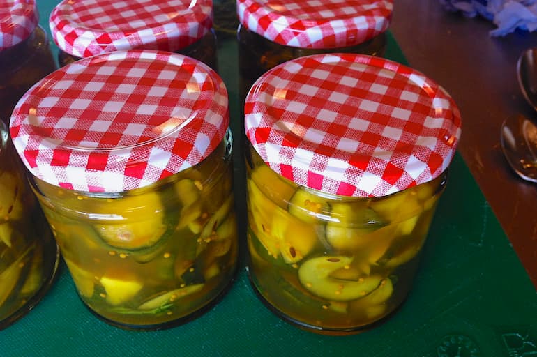 Several jars of River Cottage preserving course bread & butter pickles.
