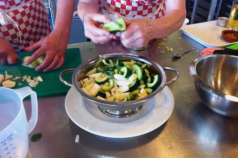 Prepping bread & butter pickles at River Cottage.