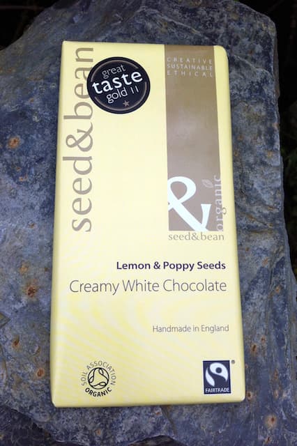 A bar of lemon & poppy seed organic white chocolate.