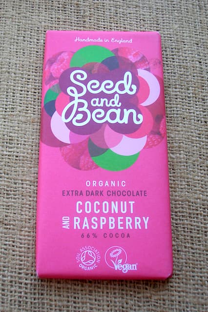 Coconut and raspberry Seed and Bean chocolate bar.