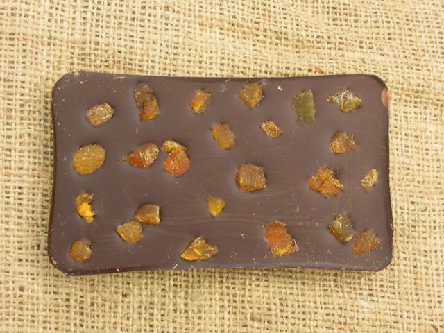 Chopped Apricots on a 70% dark chocolate bar from Chocolat Chocolates.