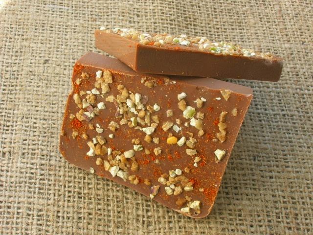 Chilli and Caramelised Pistachio on a milk 34% chocolate bar from Chocolat Chocolat.