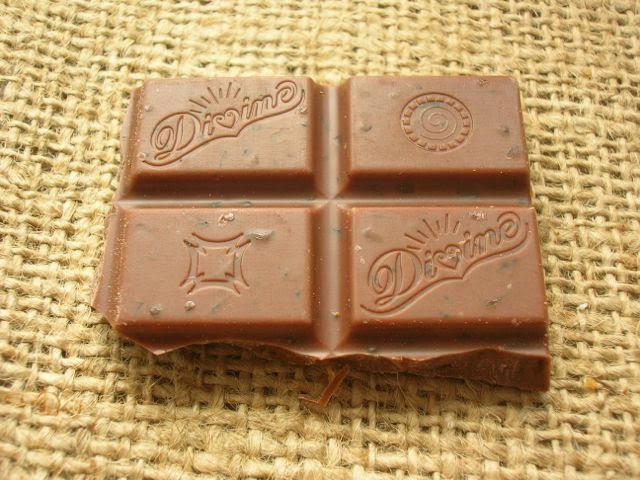 A few squares of Divine's Spiced Toffee Apple Milk Chocolate.