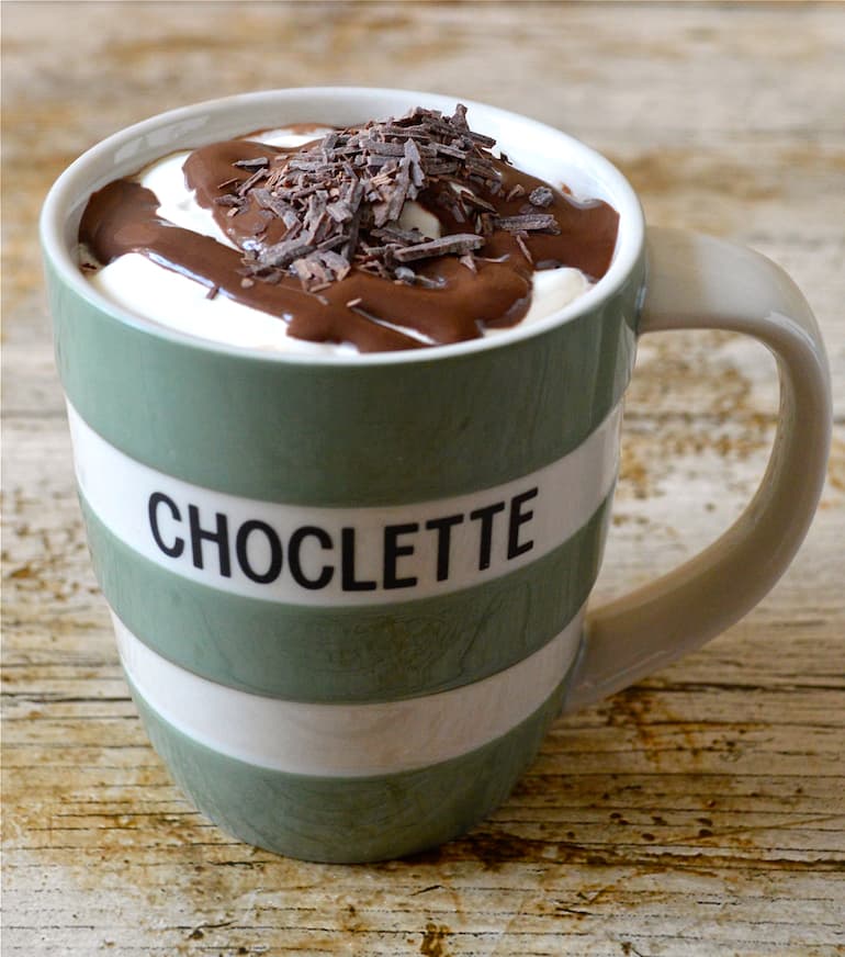 Hot chocolate in Cornishware Choclette mug.