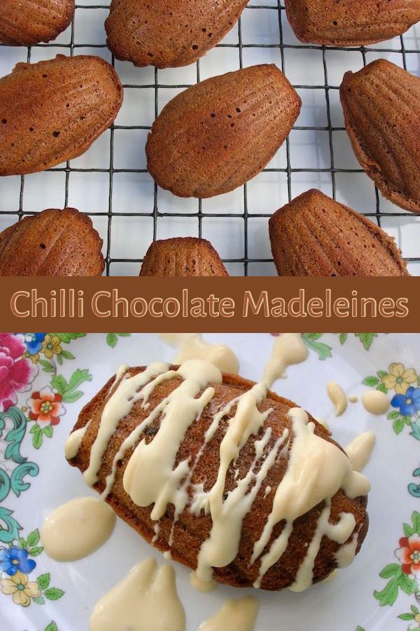 Two images showing Chilli Chocolate Madeleines with salted caramel clotted cream sauce.