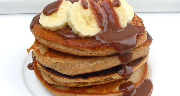 Spiced Kefir Pancakes with manuka honey and crème fraîche chocolate sauce.