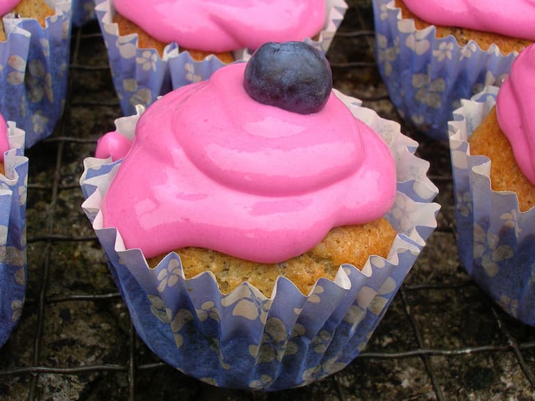 Close-up of a sugar-free blueberry lemon cupcake.
