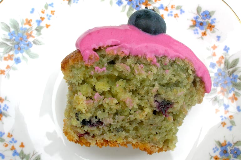 Half a sugar free blueberry lemon cupcake.