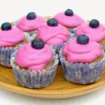Platter of sugar-free blueberry lemon cupcakes.
