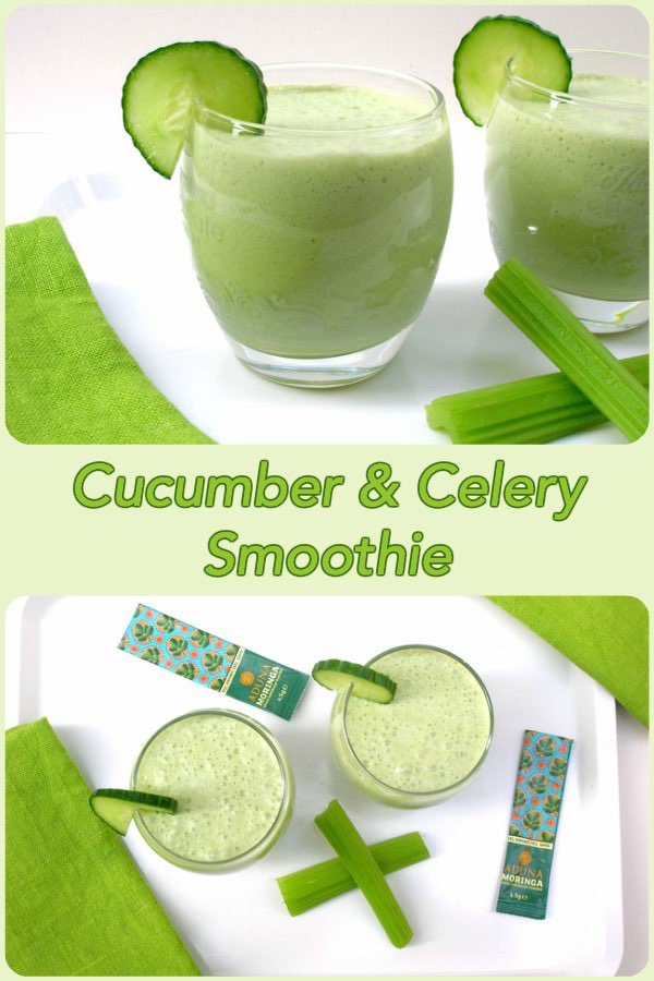 Two glasses of cucumber and celery smoothie or summer soup.
