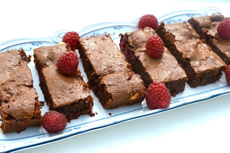 Tray of homemade raspberry fudge brownies.