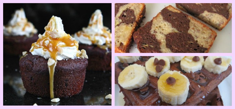 A collage of banana and chocolate recipes.