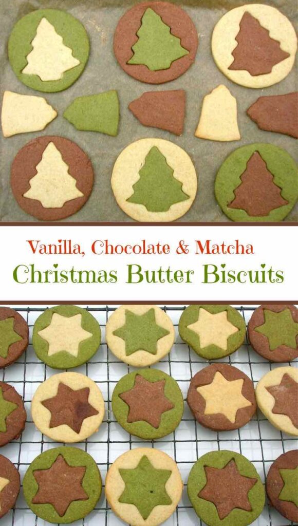 Christmas Butter Biscuits flavoured with vanilla, chocolate and matcha.