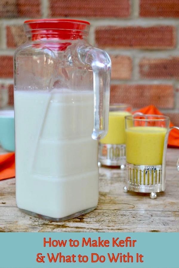 A jug of homemade kefir and two glasses of kefir smoothie. Part of the post: How to Make Kefir and What to Do With It.