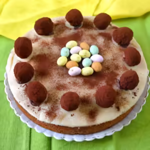 Mincemeat simnel Easter cake with mini eggs and chocolate truffles.