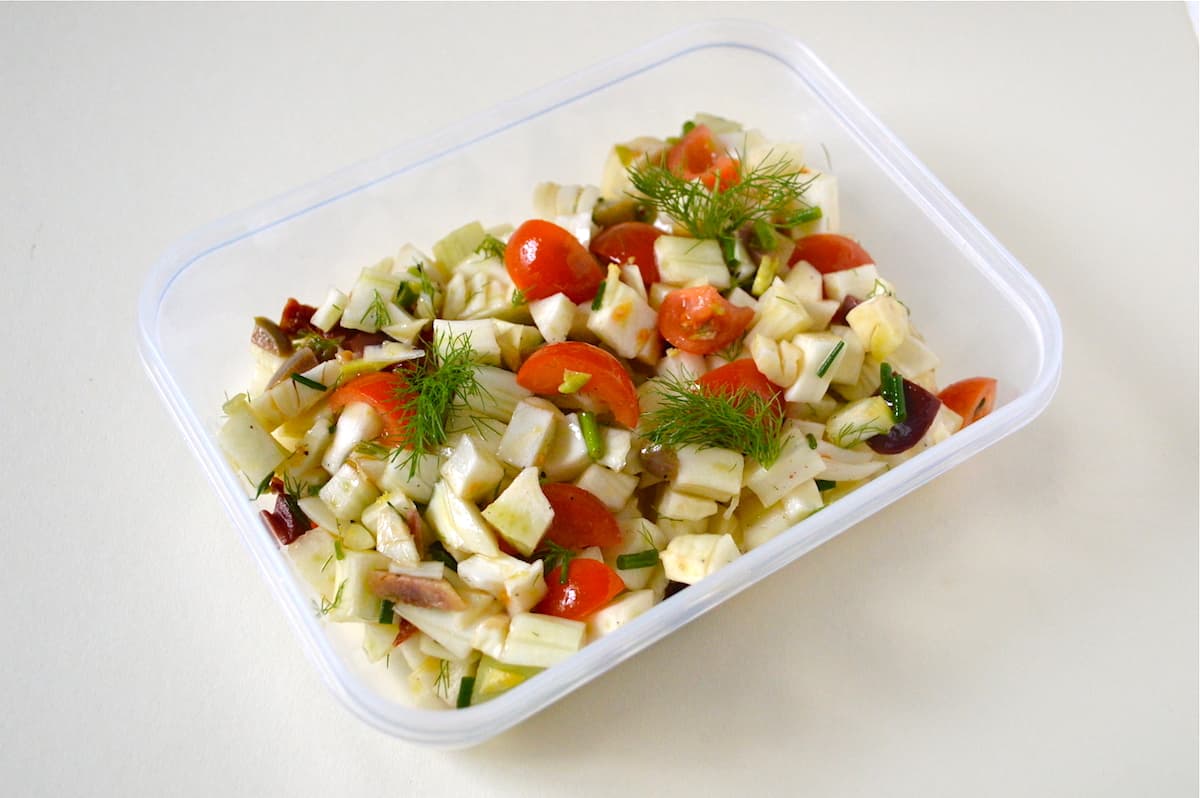 Fennel salad in a food container - no lid.