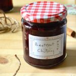 Jar of homemade beetroot chutney.