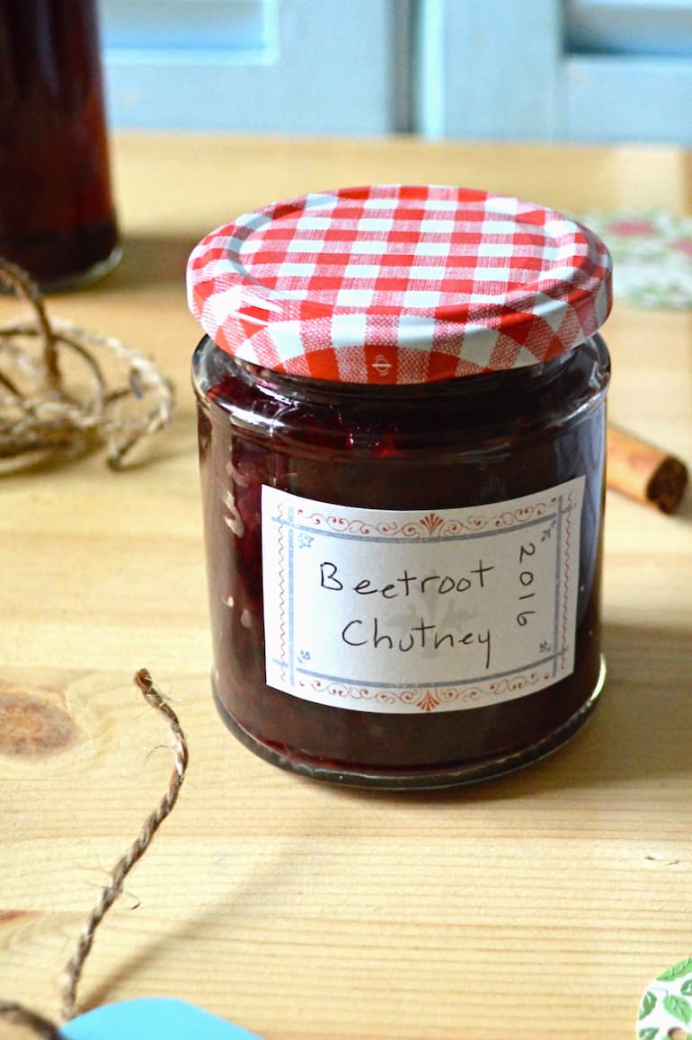 Jar of homemade beetroot chutney.