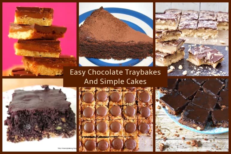 Collage of six chocolate traybakes and simple cakes.