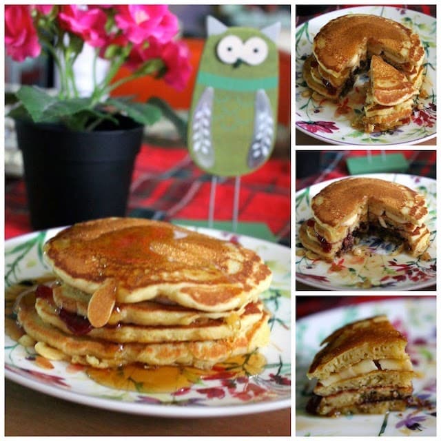 A collage of pancakes stacked with jam, chocolate and banana.