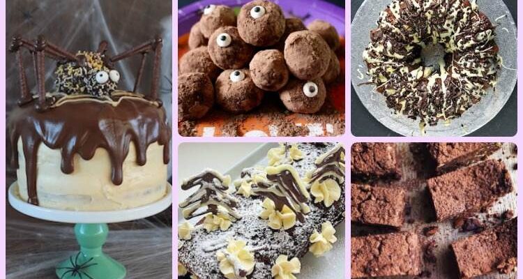Collage of 5 cheeky chocolate recipes for Halloween and Bonfire Night.