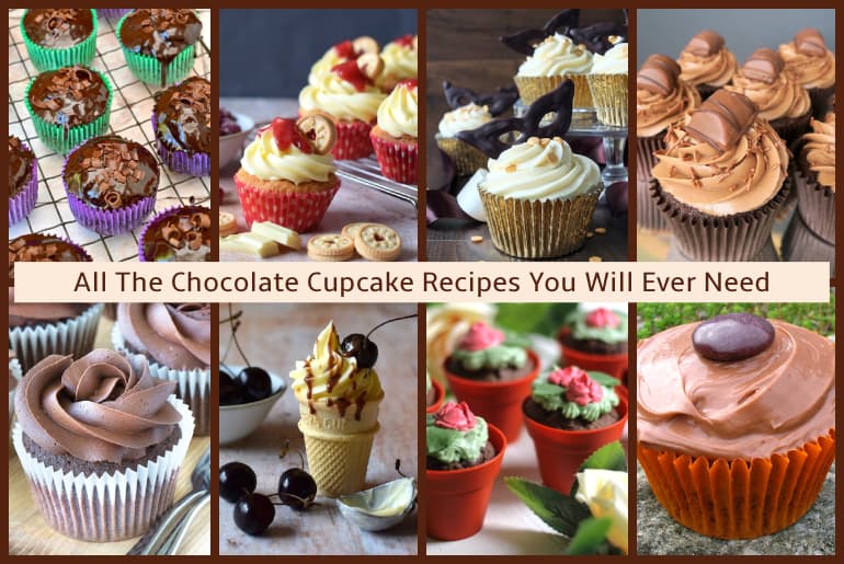 Collage of eight chocolate cupcake recipes.