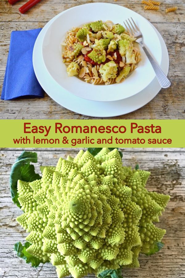 Easy Romanesco Pasta with lemon & garlic as well as chilli tomato sauce.