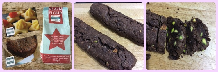 Three images showing the process of baking gluten free chocolate pistachio biscotti.
