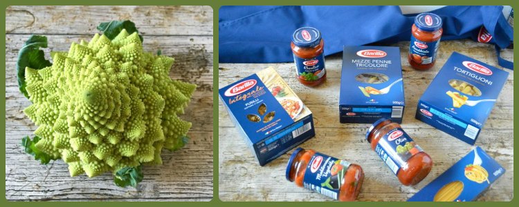 A beautiful green romanesco along with various pasta boxes and tomato sauce jars.