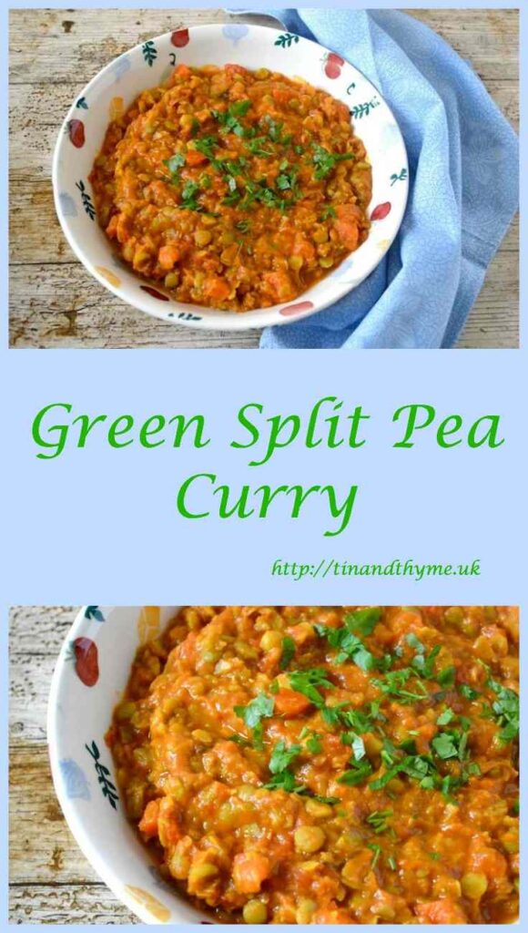 A bowl of green split pea curry.