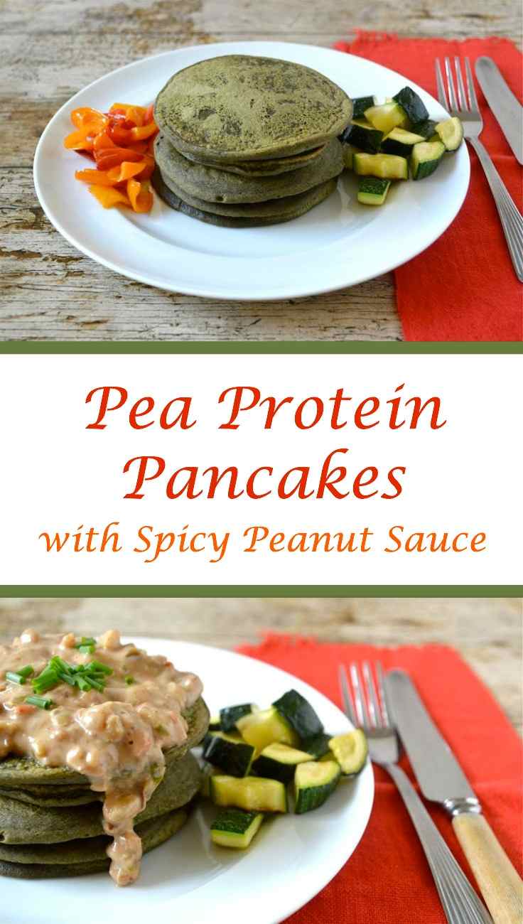 Two images of a stack of pea protein pancakes with spicy peanut sauce.