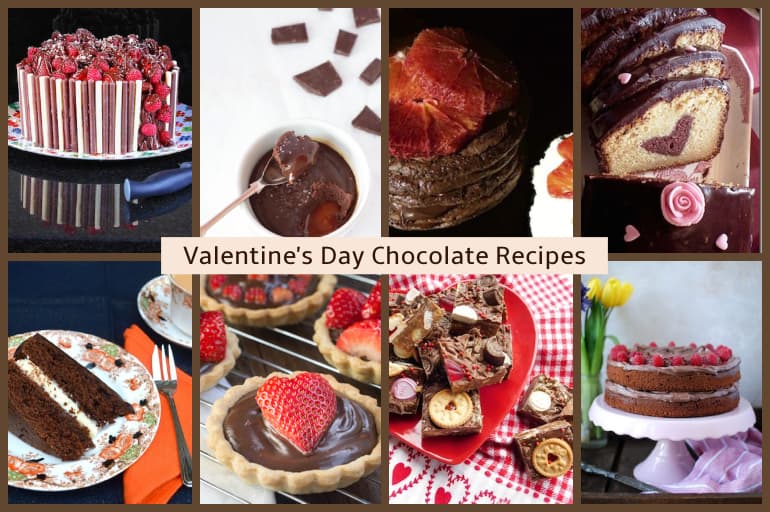 Collage of eight Valentine's Day chocolate recipes.