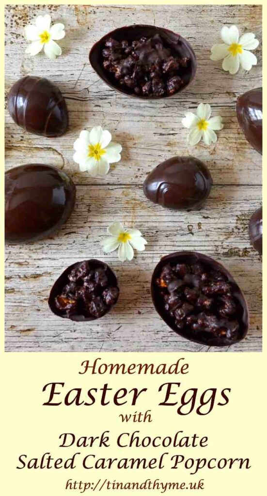 Homemade Easter Eggs with salted caramel popcorn covered in dark chocolate. Dairy-free and vegan.