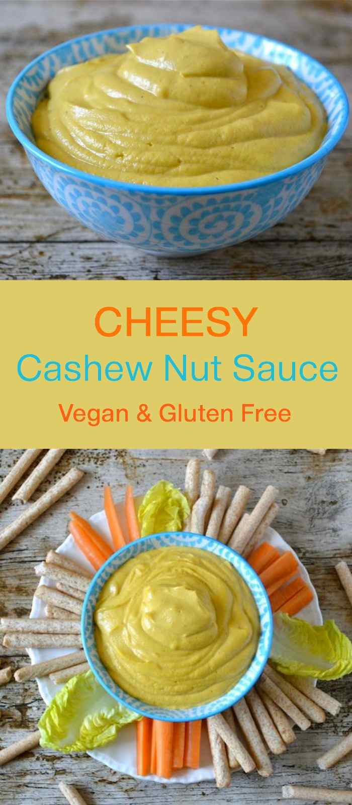 Two images of vegan and gluten-free cheesy cashew nut sauce (or dip) in a bowl.