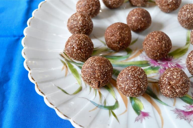 Plate of homemade organic chocolate oat truffles.