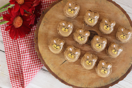 Twelve chocolate bear macarons presented on a wooden board.
