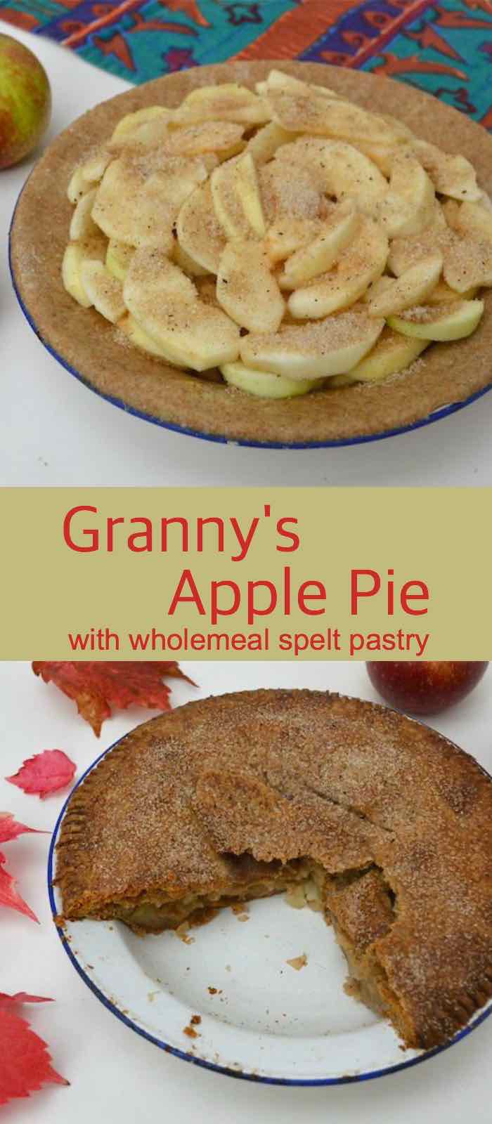 Granny's apple pie before the pastry lid goes on and once baked. Text reads "Granny's Apple Pie with wholemeal spelt pastry".