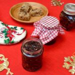 3 jars of lemon and ginger mincemeat on Christmas table.