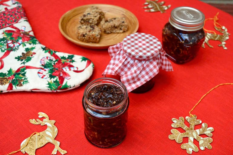 3 jars of lemon and ginger mincemeat on Christmas table.