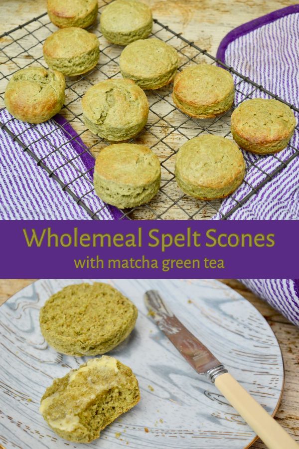 Wholemeal Spelt Scones made with matcha green tea, kefir and honey.