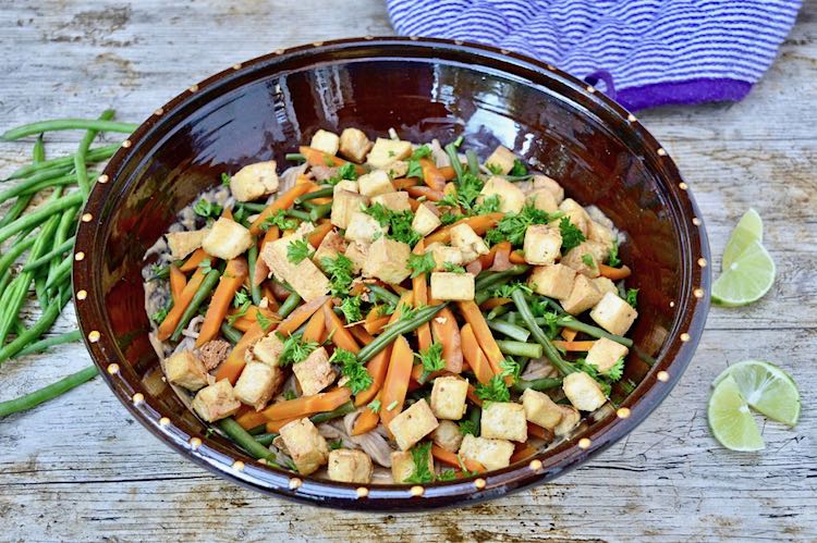Spicy Peanut Butter Noodles with Steamed Vegetables and Smoked Tofu