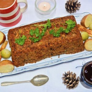 Lentil and Brazil Nut Roast with Sage & Onion Stuffing and Red Wine Gravy