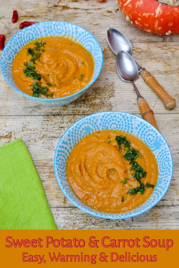 Sweet Potato & Carrot Soup. A delicious, colourful, autumnal soup that's easy to prepare. #soup #recipe #blender #autumn #sweetpotato #carrot #autumnrecipe #tinandthyme
