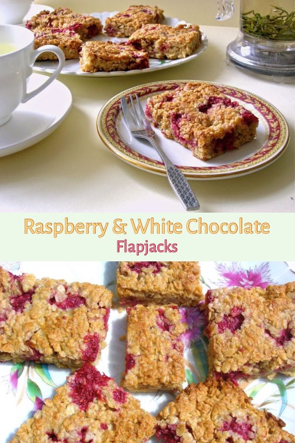 Raspberry and White Chocolate Flapjacks - quick to make, easy to eat and perfect for picnics, packed lunches and eating on the go. Also good as a pudding, served warm with custard or cream. #flapjacks #raspberries #whitechocolate #tinandthyme #traybake #glutenfree