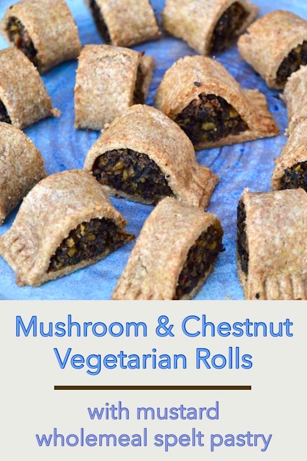 Mushroom & Chestnut Vegetarian Sausage Rolls with Wholemeal Spelt Mustard Pastry. Perfect for any festive occasion as well as parties, picnics and lunch boxes. #tinandthyme #vegetarianrecipe #recipe #christmas #picnicrecipe #picnics #lunchboxes #sausagerolls #speltpastry #pastryrecipe