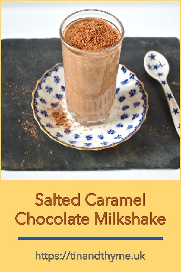 Salted Caramel Chocolate Milkshake - a healthy and delicious vegan plant milk drink made with dates and raw cacao powder. #TinandThyme #vegan #SugarFree #ChocolateMilkshake #SaltedCaramel #HealthyDrink #VeganRecipe #HealthyRecipe #veganuary