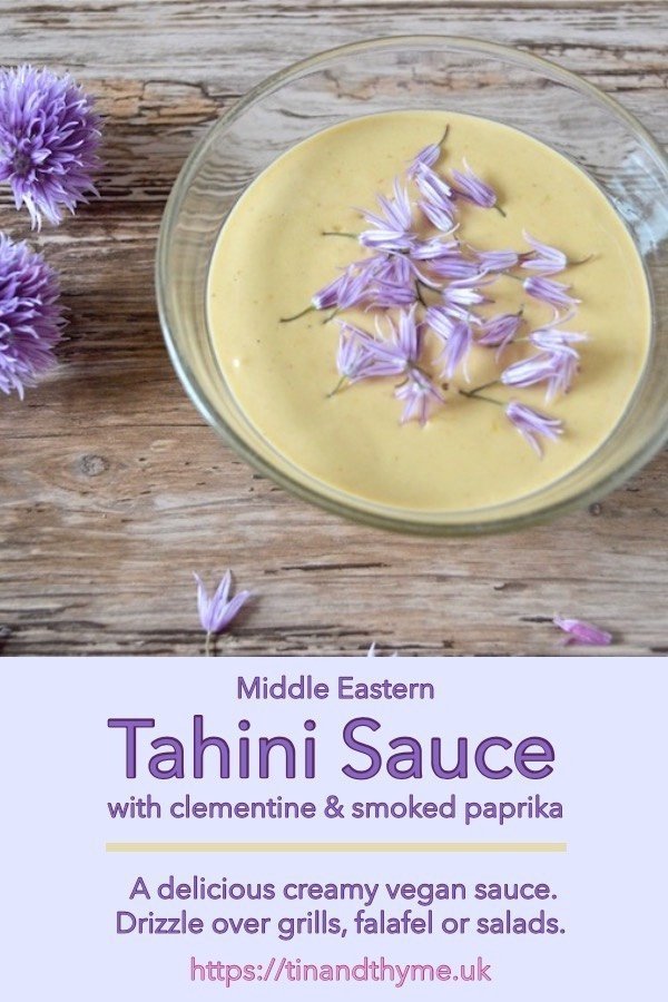 Tahini Sauce with Clementine & Smoked Paprika. A delicious creamy naturally vegan sauce from the Middle East. Drizzle over grills, falafel or salads. #TinandThyme #VeganRecipe #TahiniSauce #tahini #sauce #recipe #vegan #MiddleEast