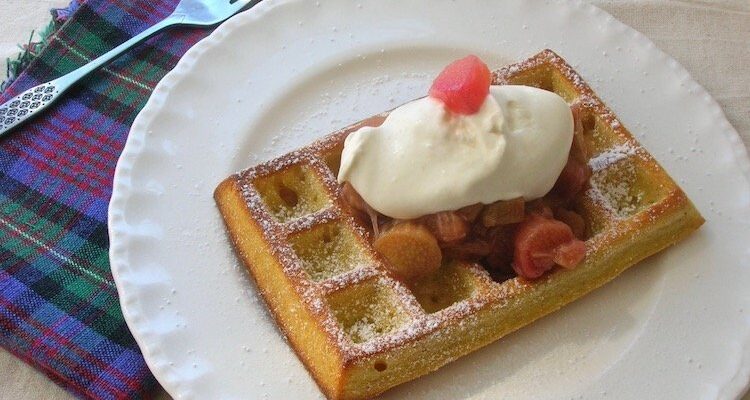 Waffles with Rhubarb & Rose Compote and Rose Cream